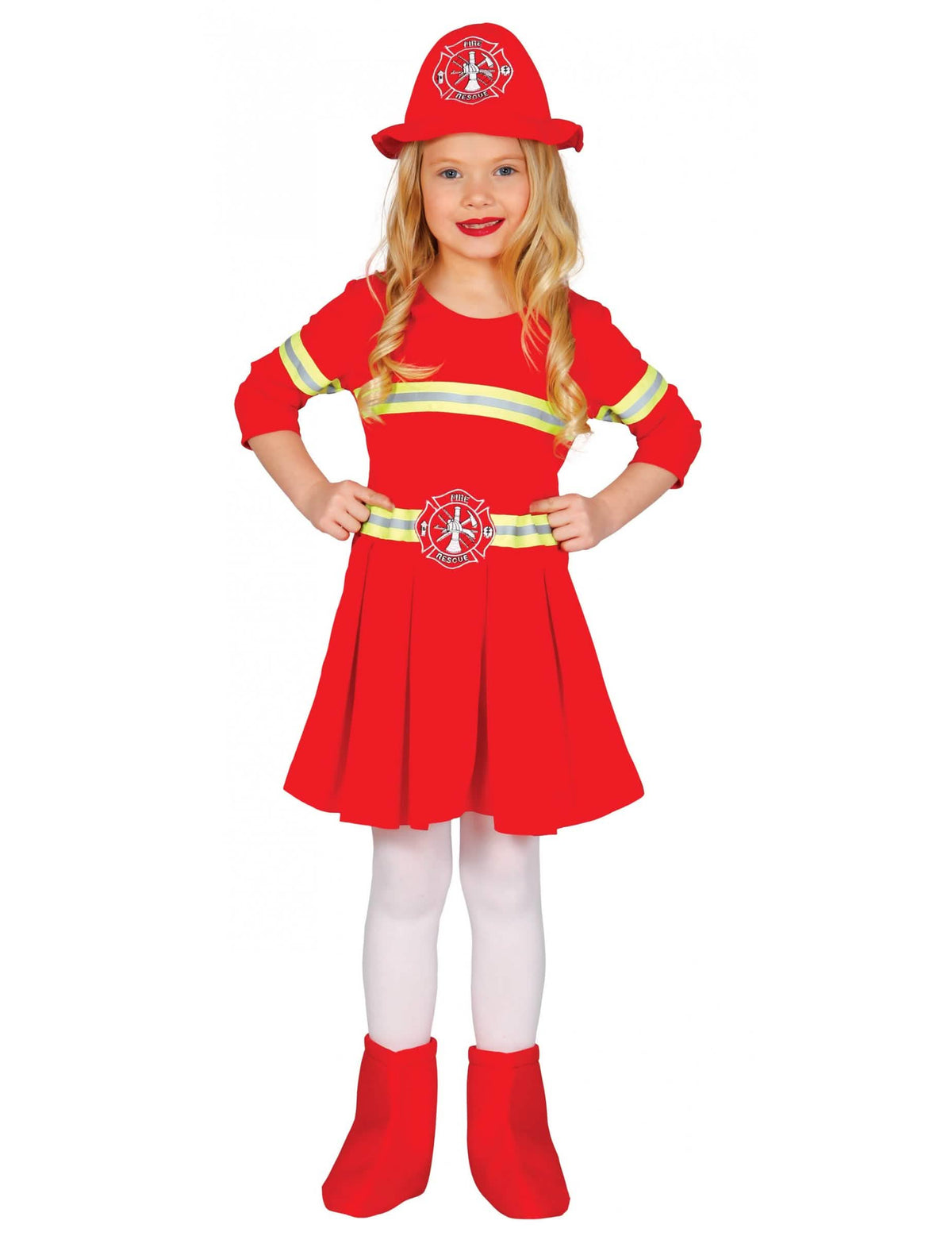 Disfraz de vestido de bombero para niña rojo con sombrero y bandas reflectantes
