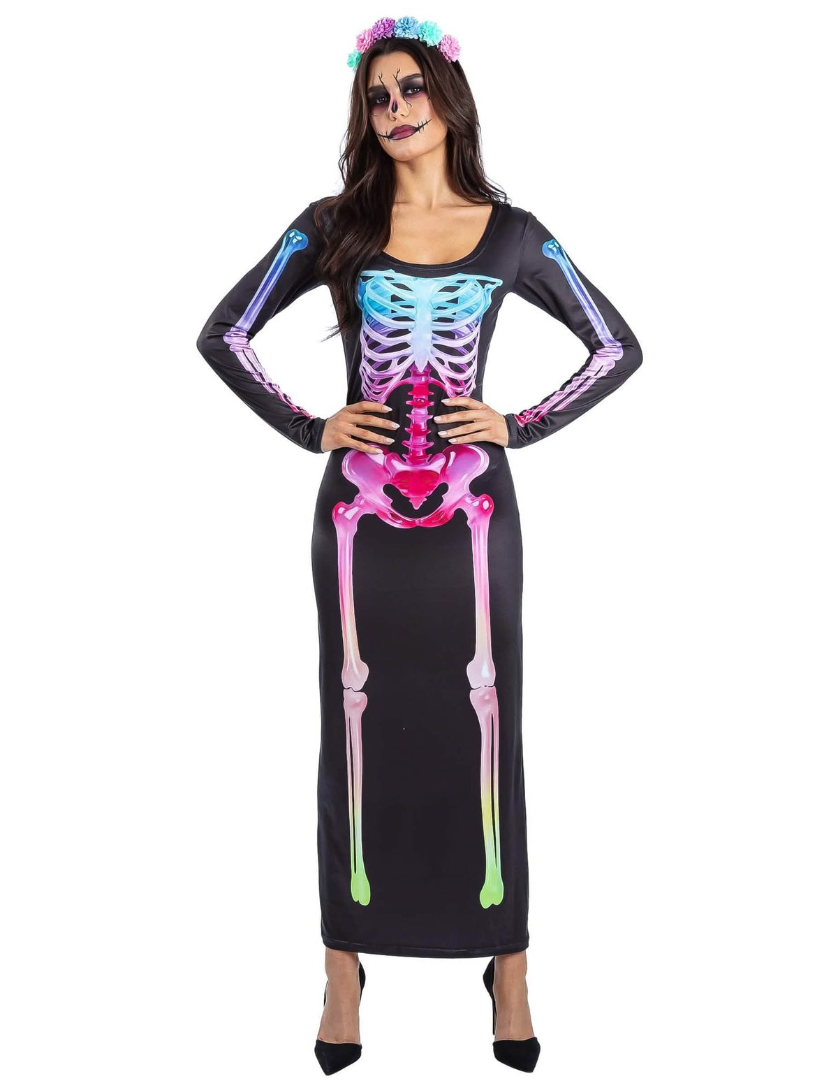 Disfraz de vestido esqueleto arcoíris para mujer