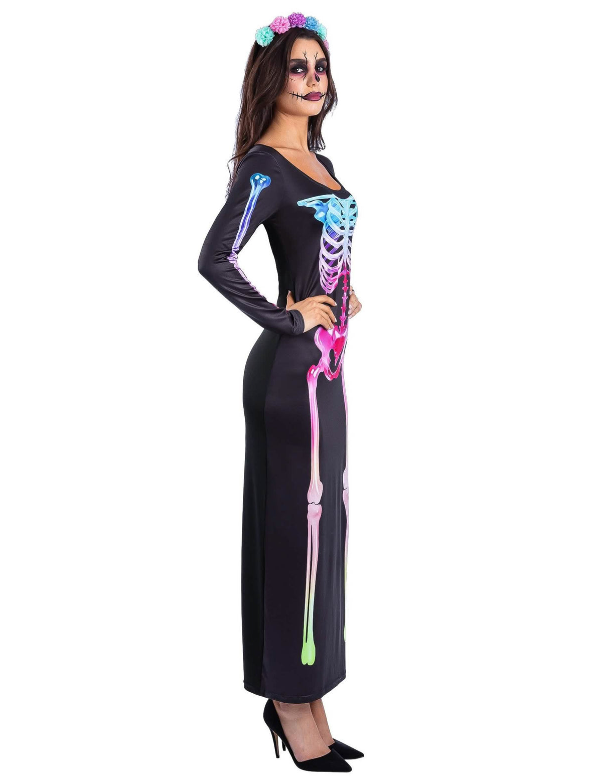 Disfraz de vestido esqueleto arcoíris para mujer