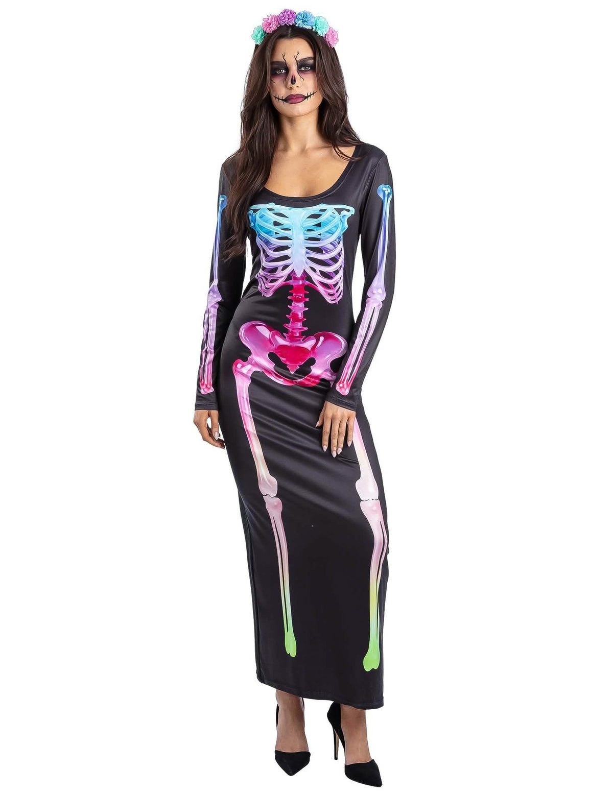 Disfraz de vestido esqueleto arcoíris para mujer