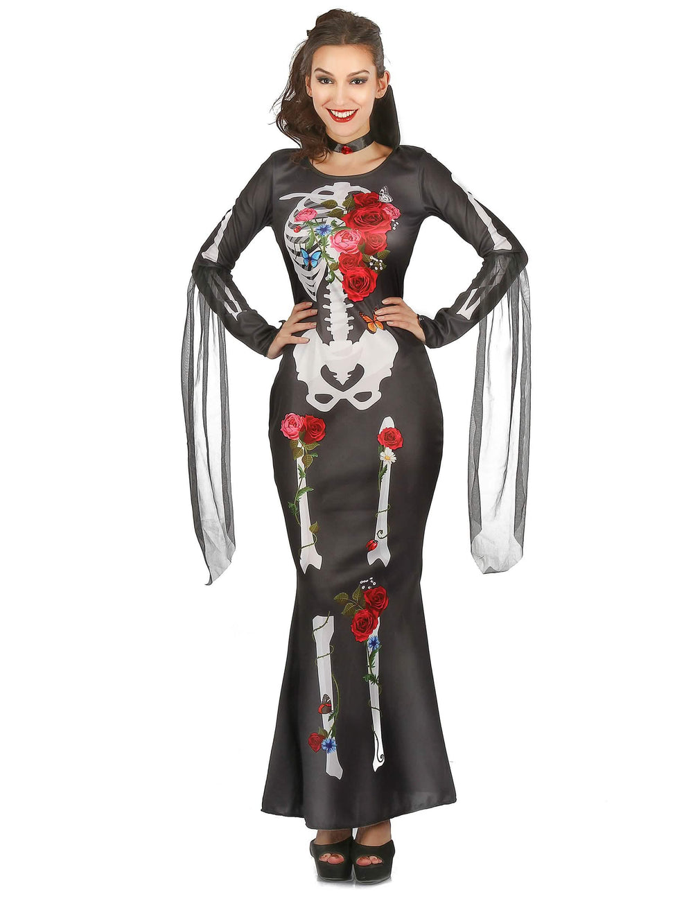 Déguisement robe squelette Dia De los Muertos pour femme noire avec fleurs rouges