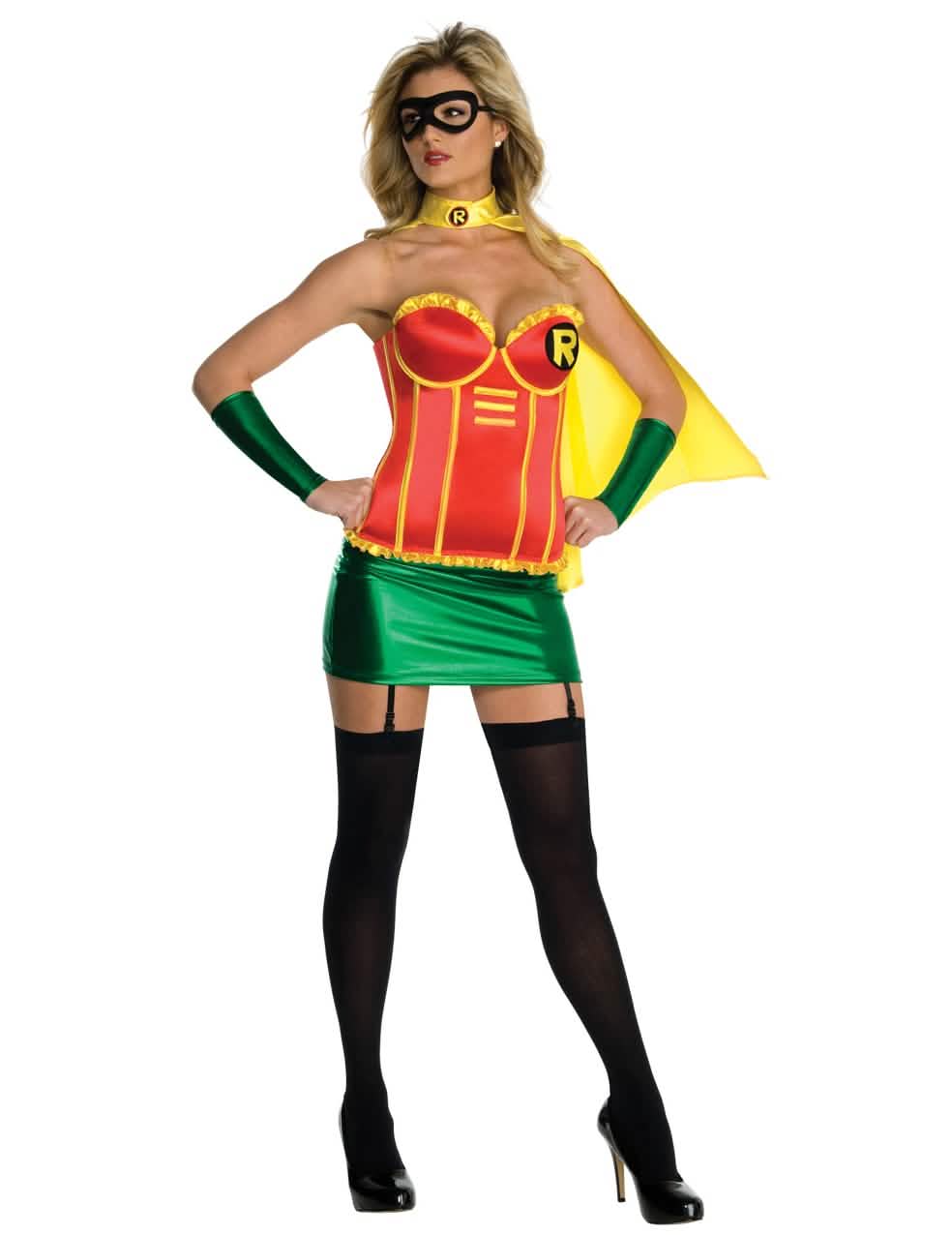 Disfraz Robin™ sexy con bustier para mujer rojo verde y amarillo con capa y máscara de carnaval