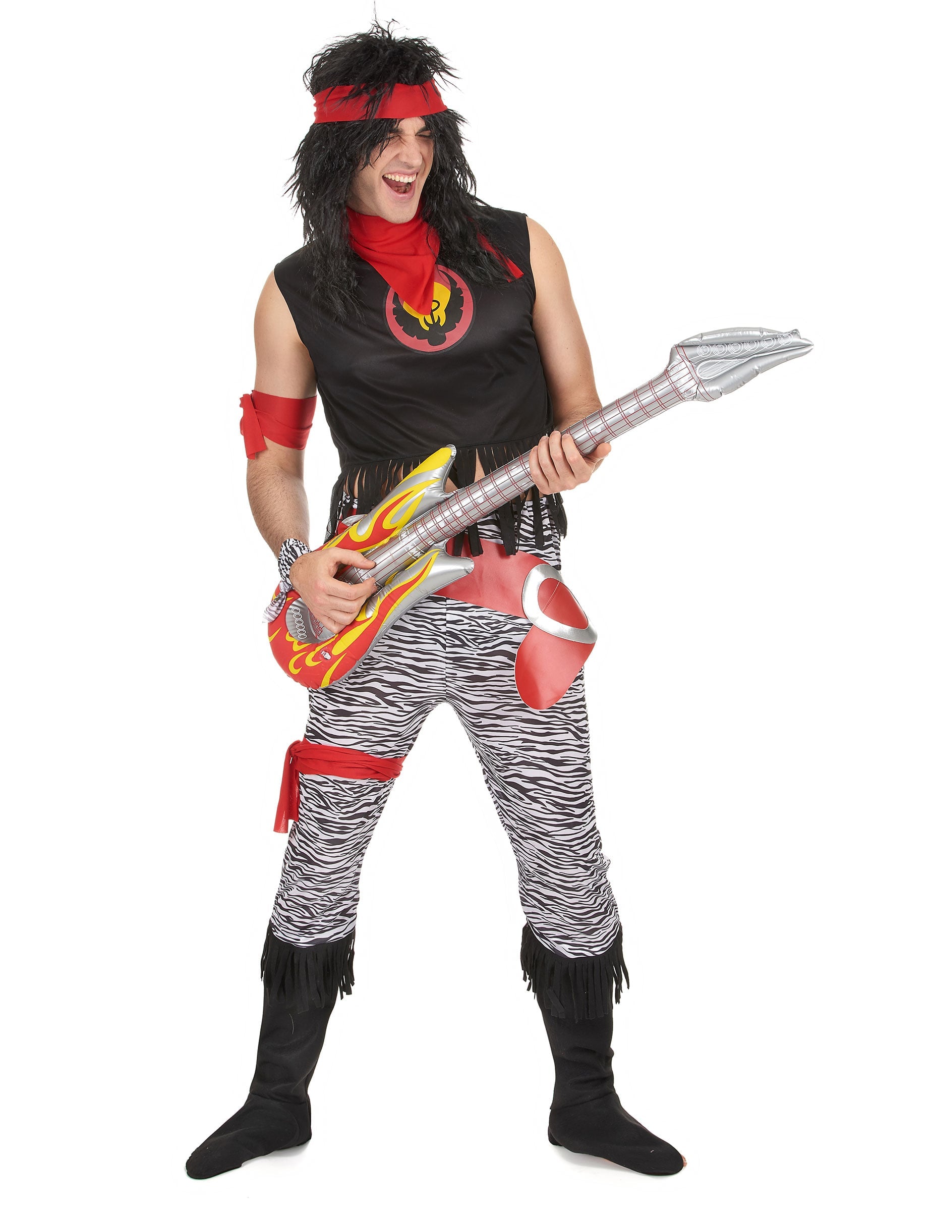 Déguisement rock star pour homme noir et rouge avec pantalon zébré et guitare gonflable