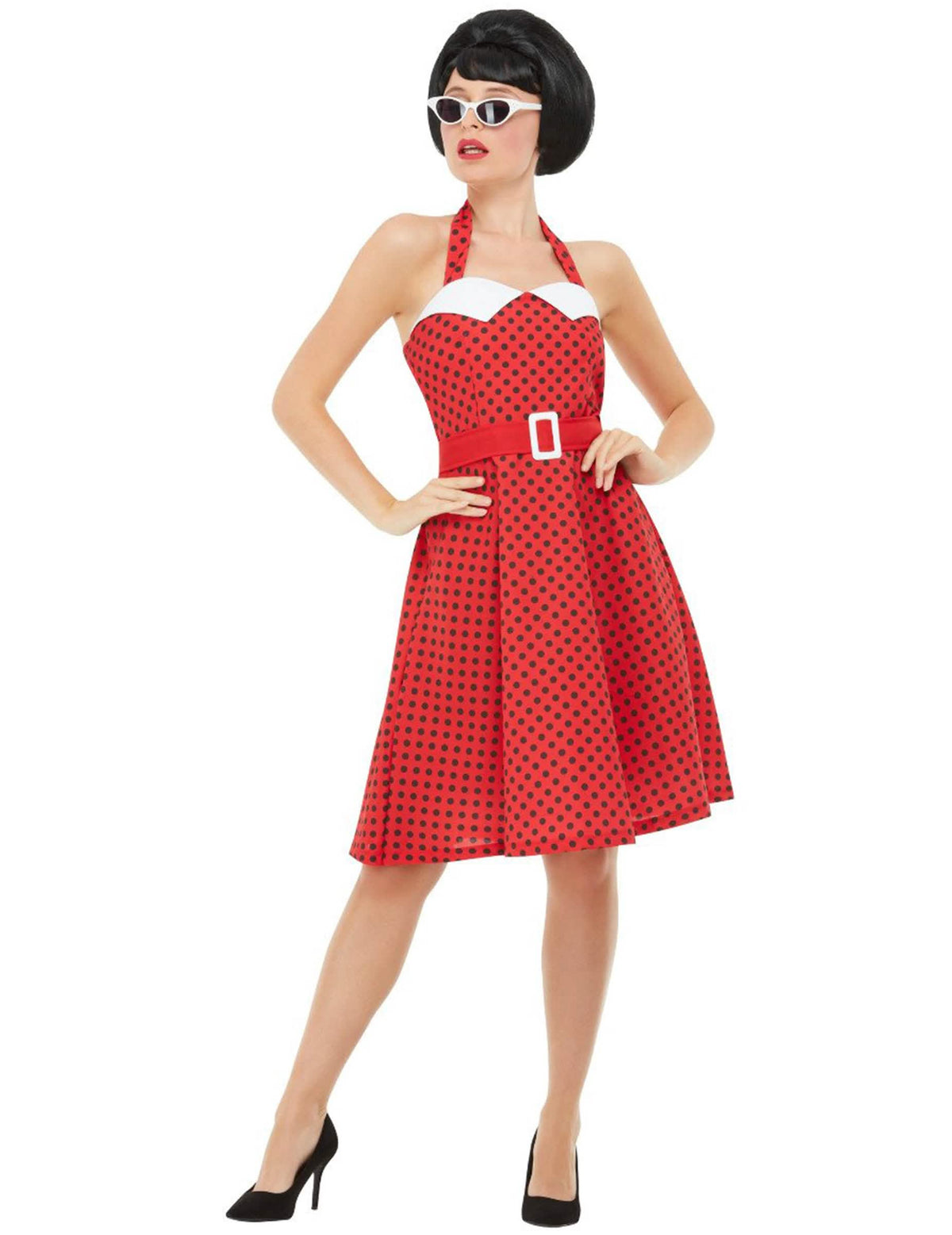 Disfraz rockabilly de los 50 para mujer rojo a lunares negros