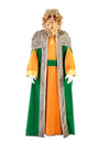 Déguisement de Roi Mage luxe Gaspard pour adulte jaune et vert avec cape en fourrure