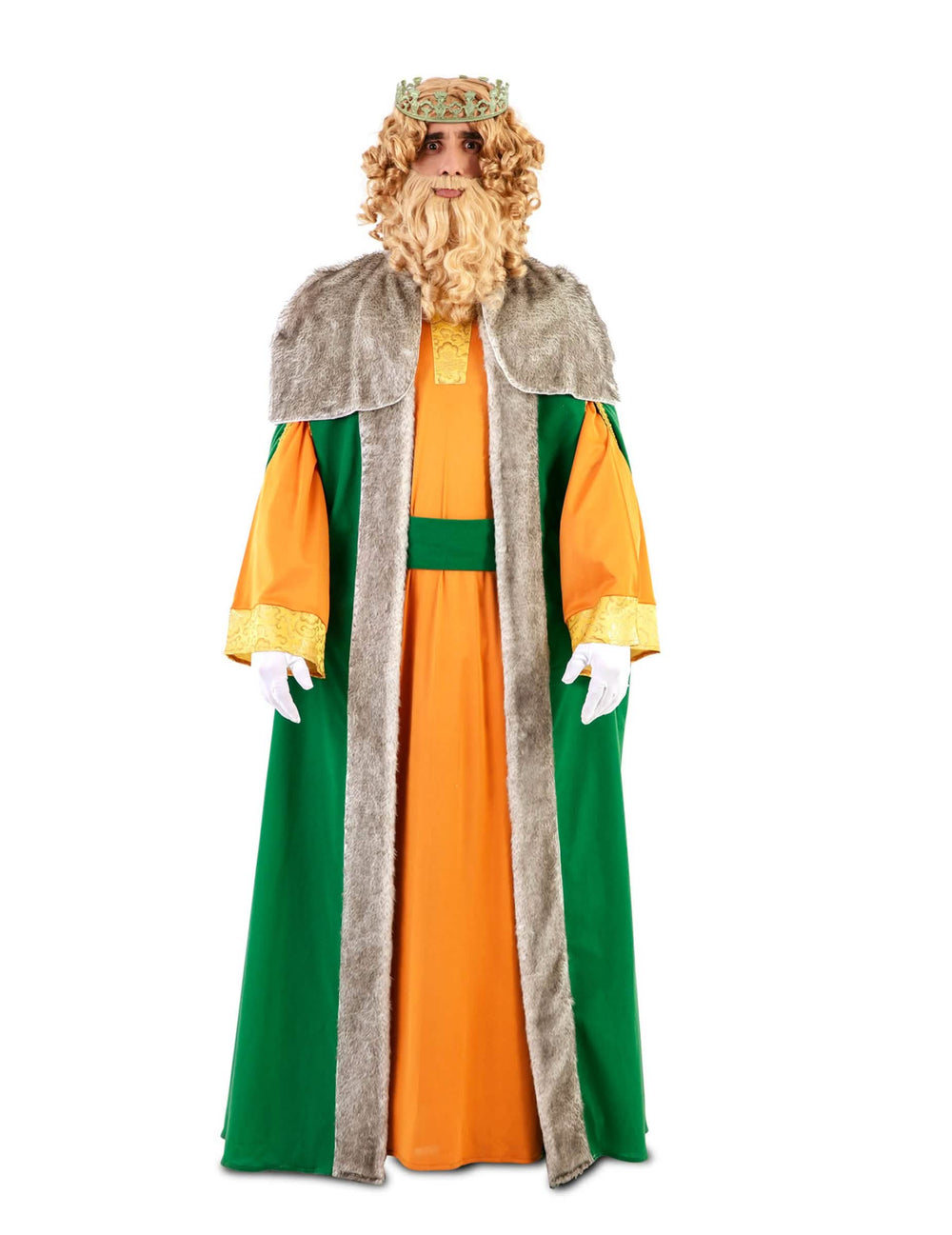 Déguisement de Roi Mage luxe Gaspard pour adulte jaune et vert avec cape en fourrure