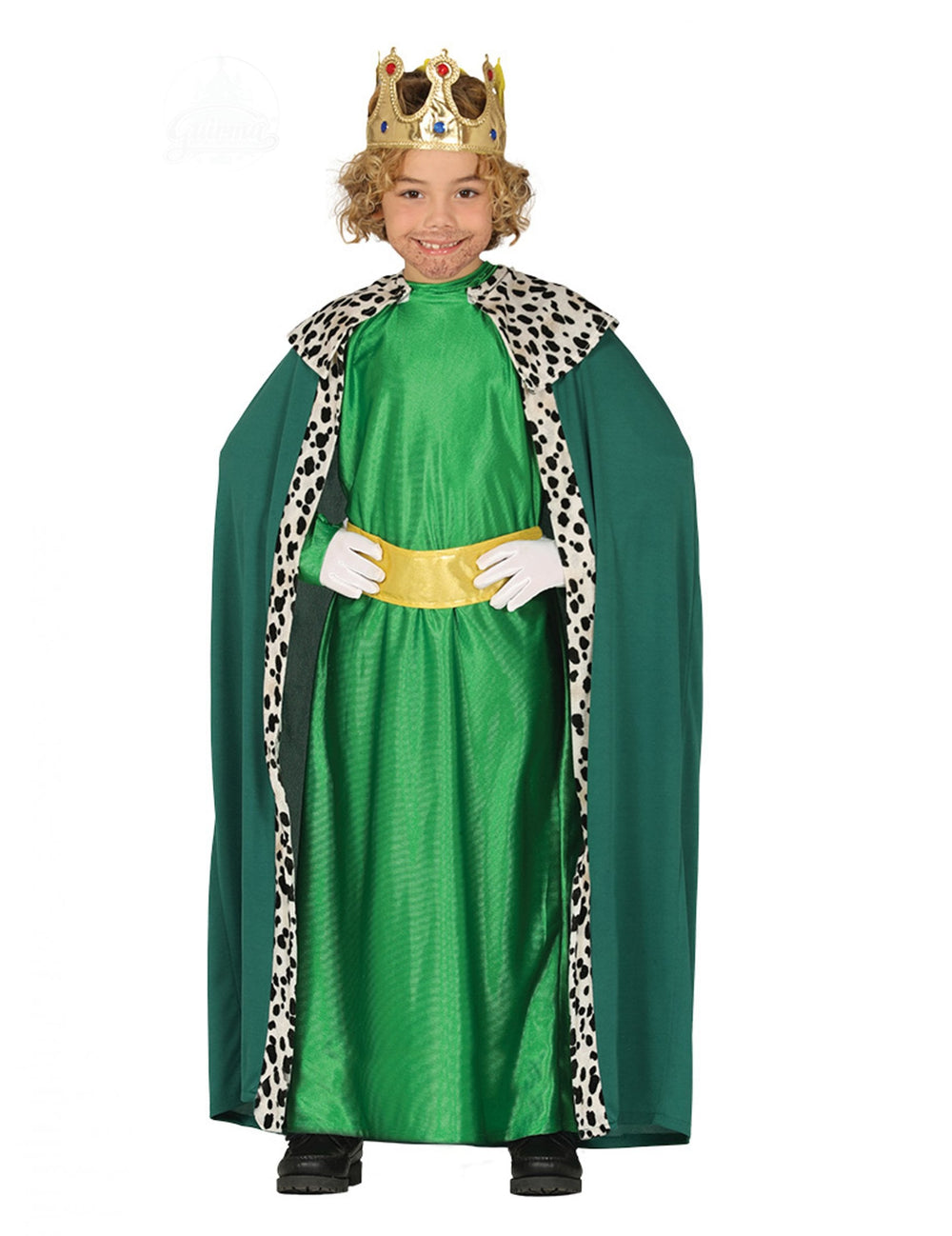 Déguisement Roi Mage pour enfant vert avec cape à motifs dalmatien et couronne dorée