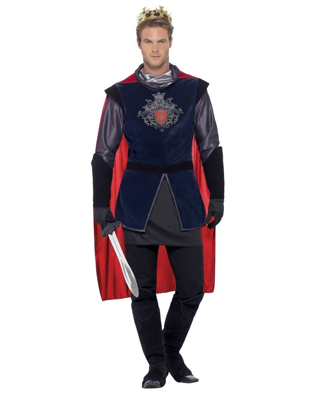 Disfraz de rey medieval para hombre azul y rojo con capa y corona