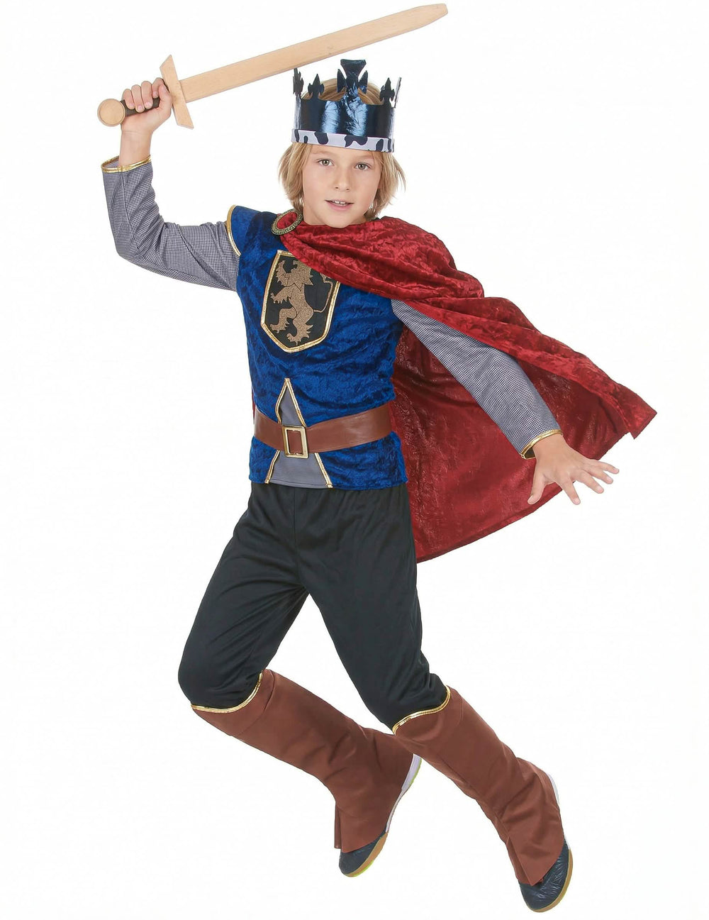 Disfraz de rey medieval efecto terciopelo para niño azul y rojo con capa y corona