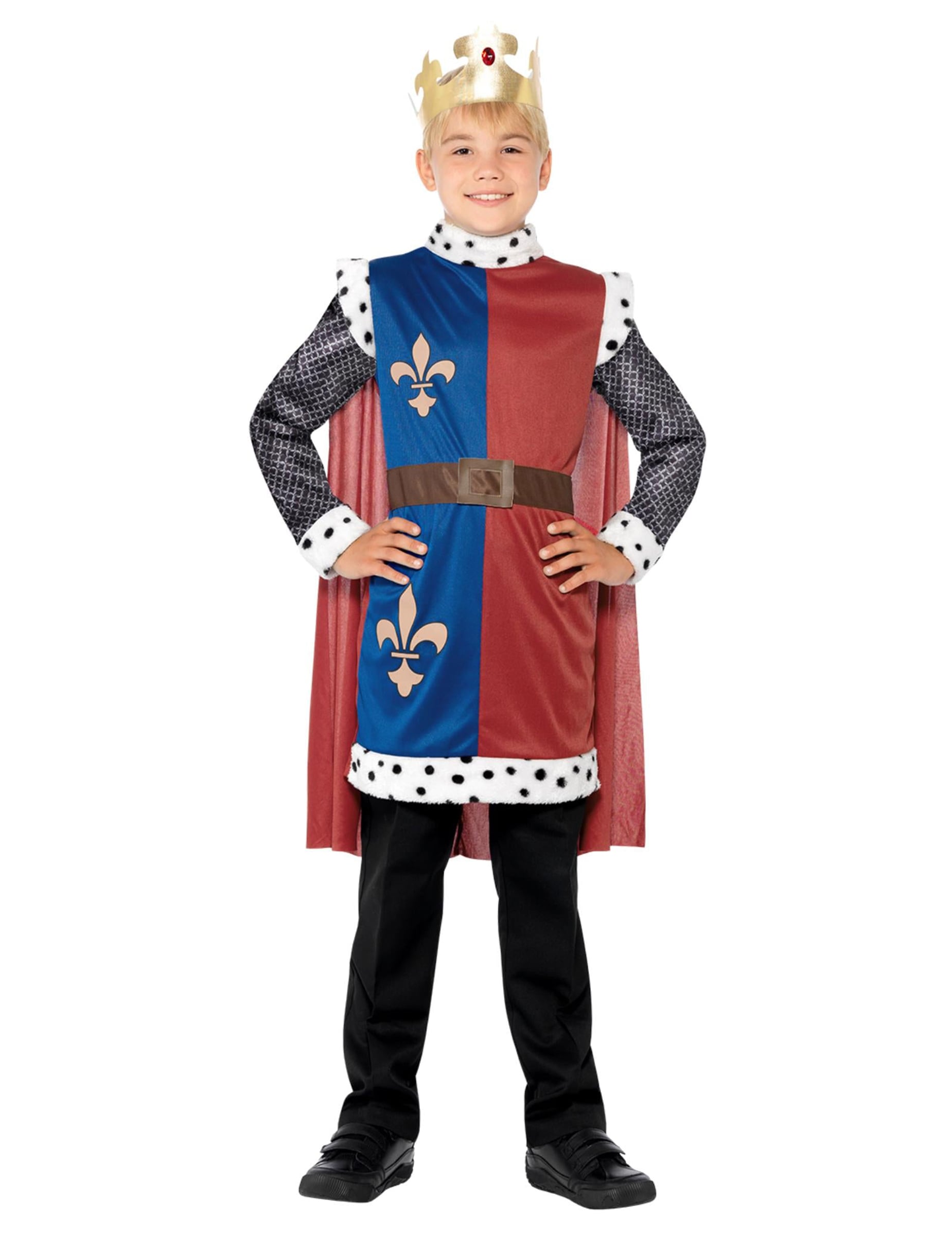 Déguisement roi médiéval pour garçon bleu et rouge avec couronne dorée