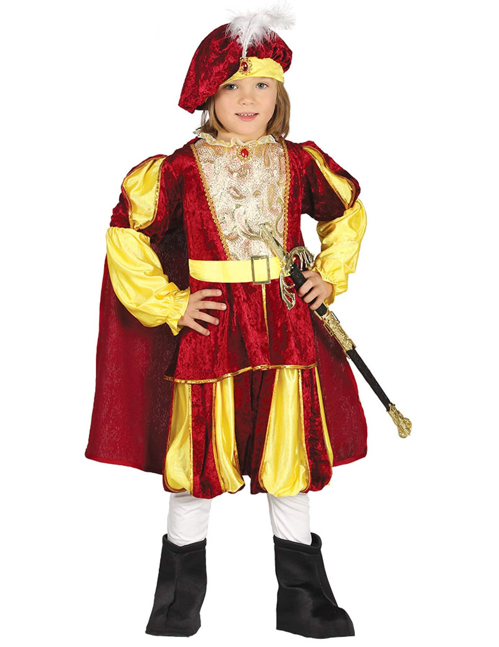 Disfraz de rey para niño rojo y amarillo en terciopelo con sombrero