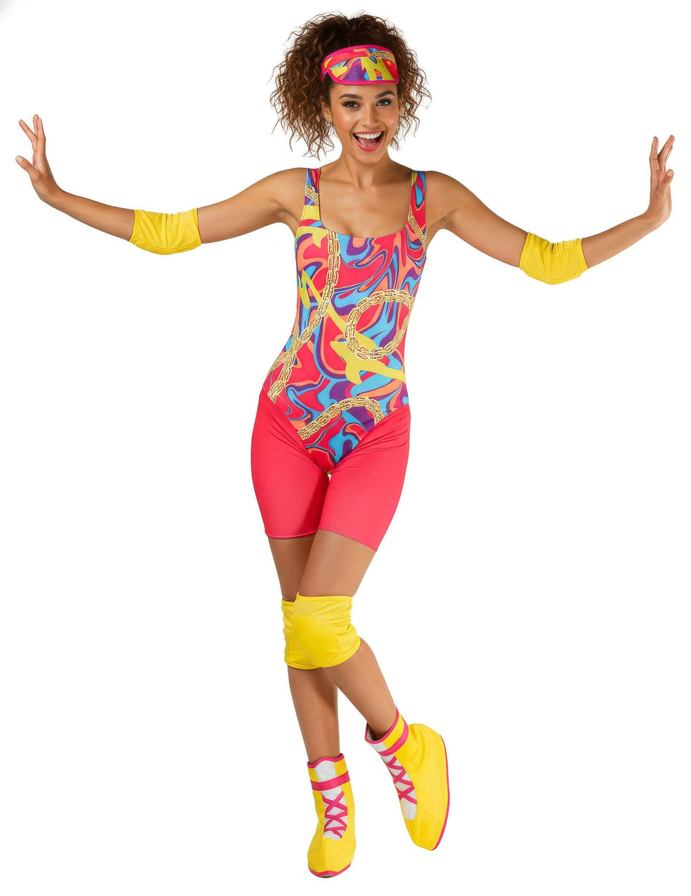 Vue de face du déguisement roller girl fluo pour femme