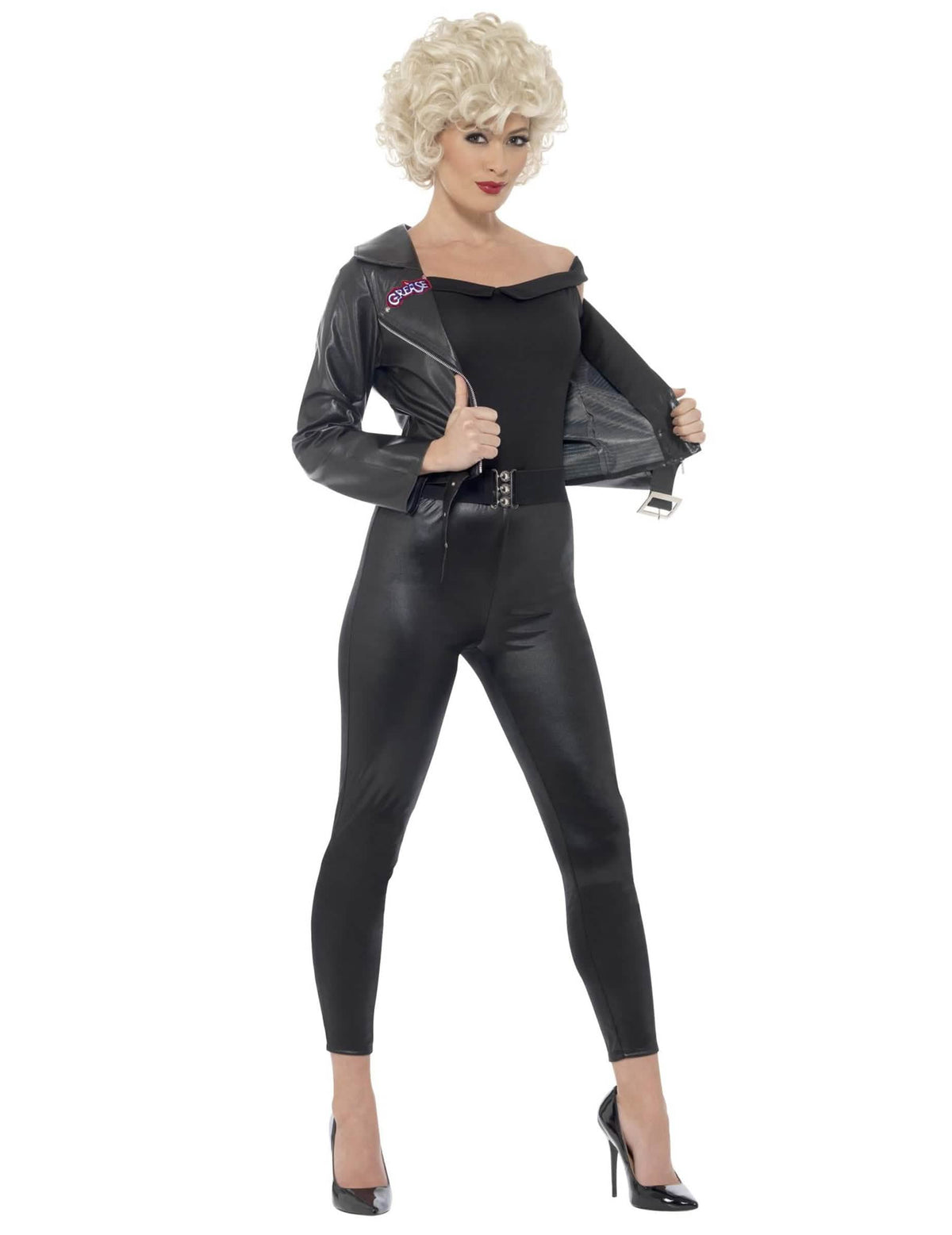 Disfraz Sandy Grease™ para mujer negro con chaqueta de cuero sintético