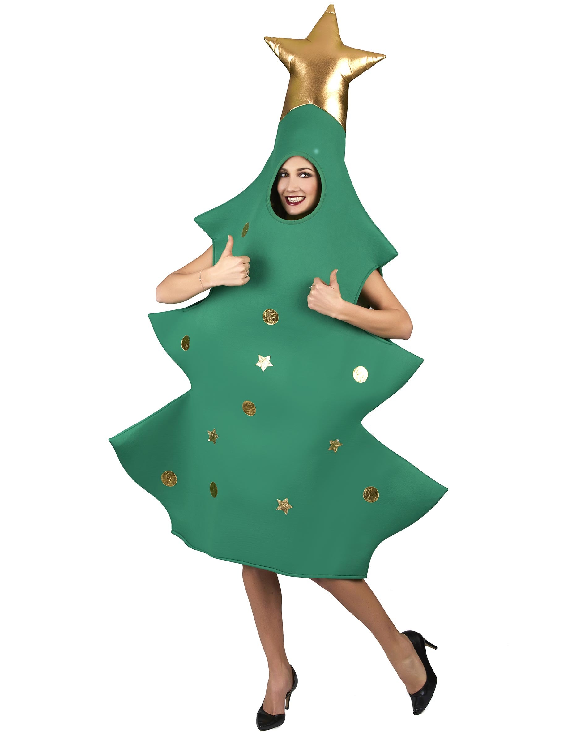 Déguisement sapin 3D pour adulte vert avec décorations dorées