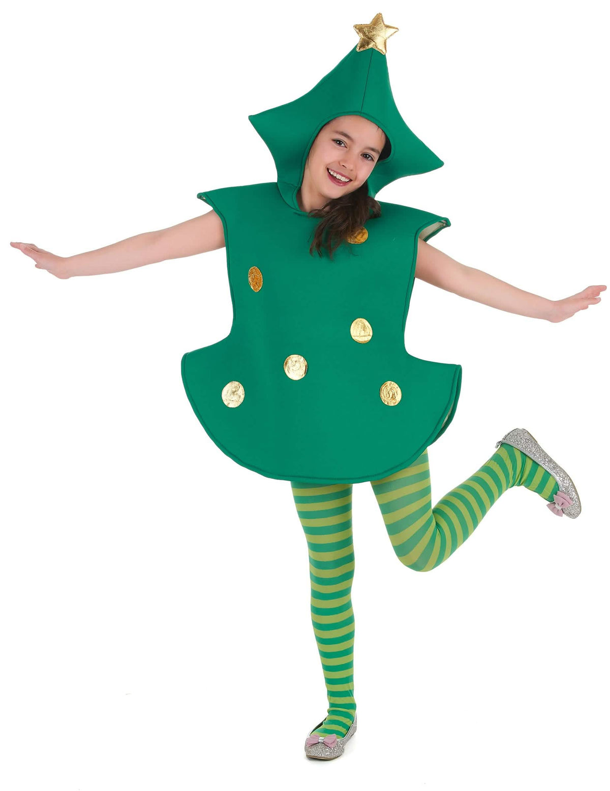 Disfraz de árbol de Navidad 3D para niño verde con bolas doradas y sombrero estrella