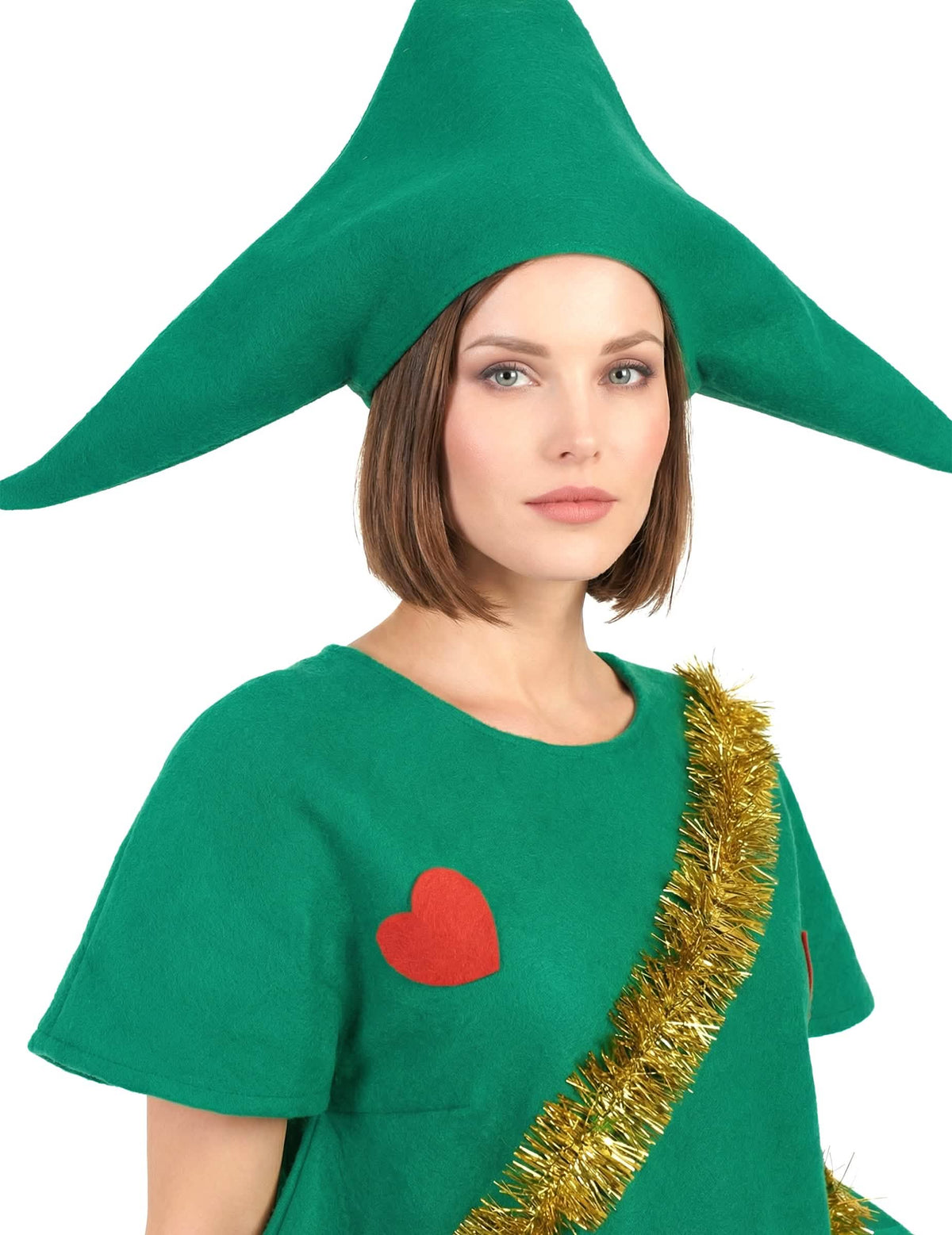 Gros plan sur le chapeau et le buste du déguisement sapin décoré humoristique