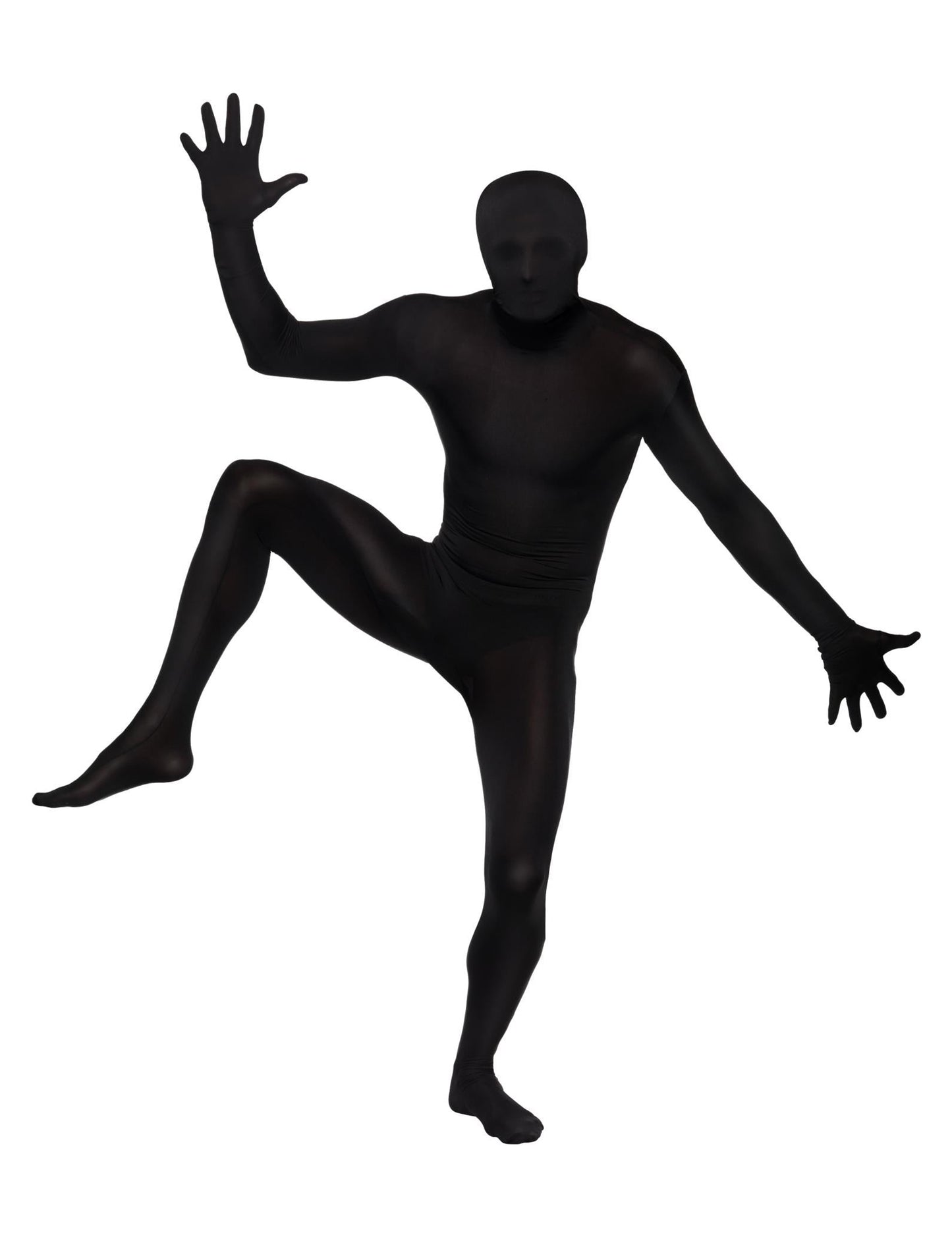 Vue de face en mouvement du déguisement seconde peau pour adulte noir