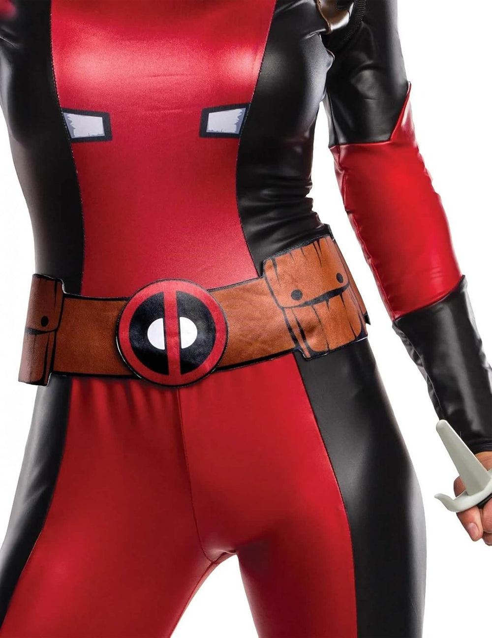 Detalle del cinturón del disfraz sexy Lady Deadpool para mujer