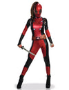Déguisement sexy Lady Deadpool pour femme rouge et noir brillant avec masque
