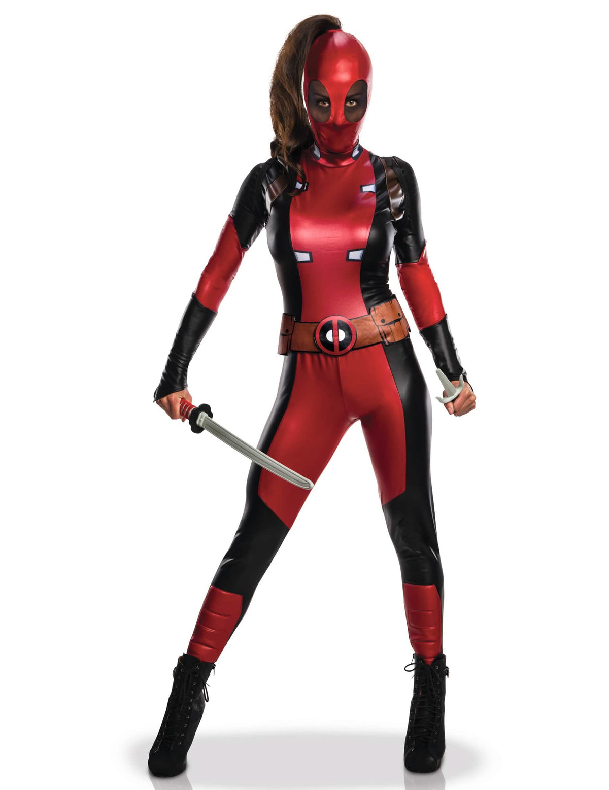 Disfraz sexy Lady Deadpool para mujer rojo y negro brillante con máscara