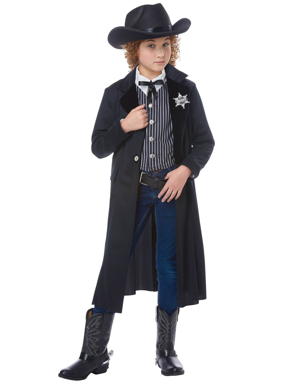 Vista frontal con sombrero y placa del disfraz de sheriff para niño