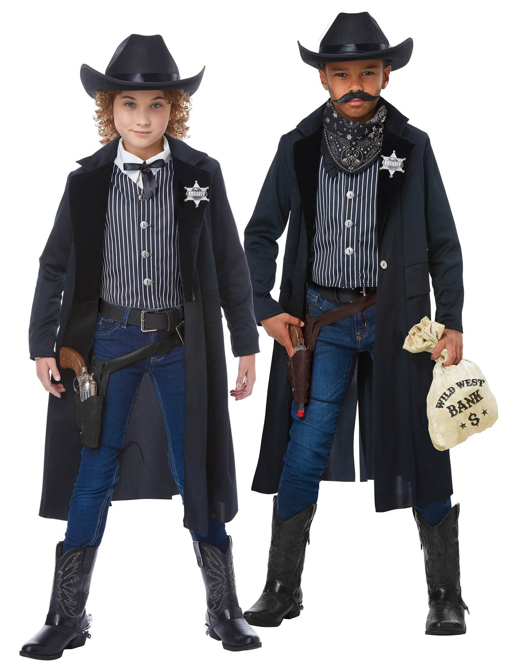 Disfraz de sheriff para niño con largo abrigo negro y chaleco rayado