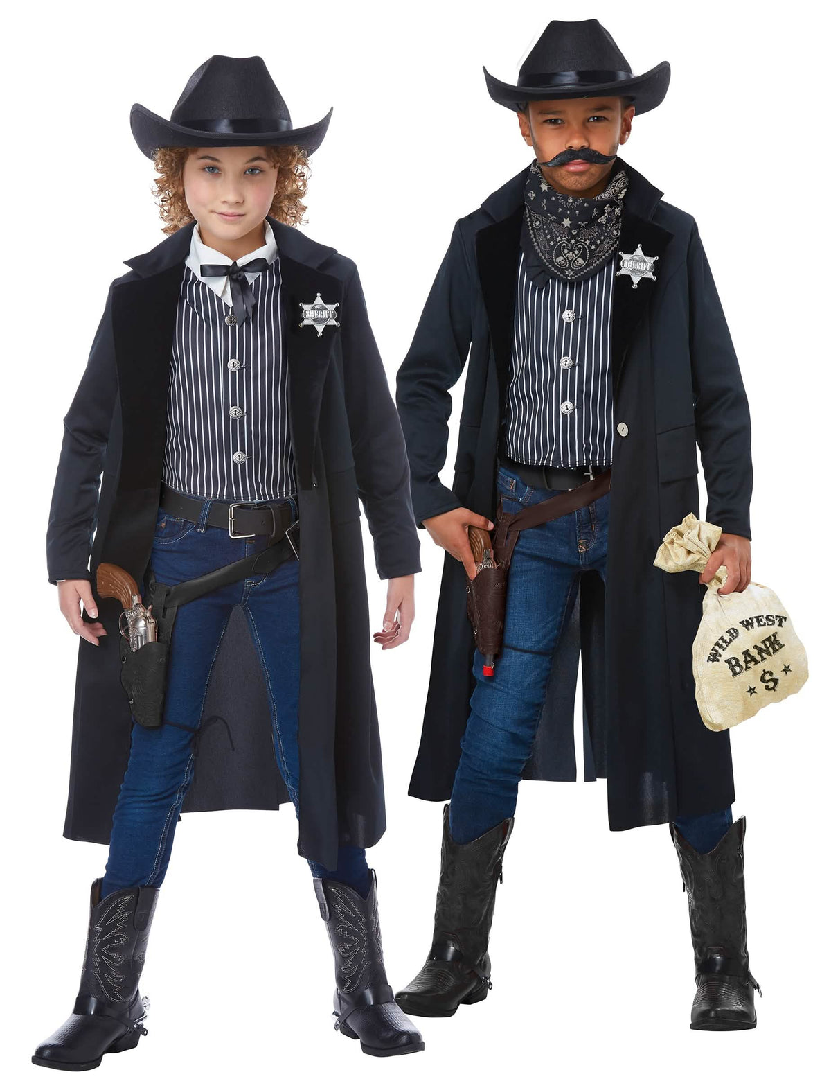 Disfraz de sheriff para niño con largo abrigo negro y chaleco rayado