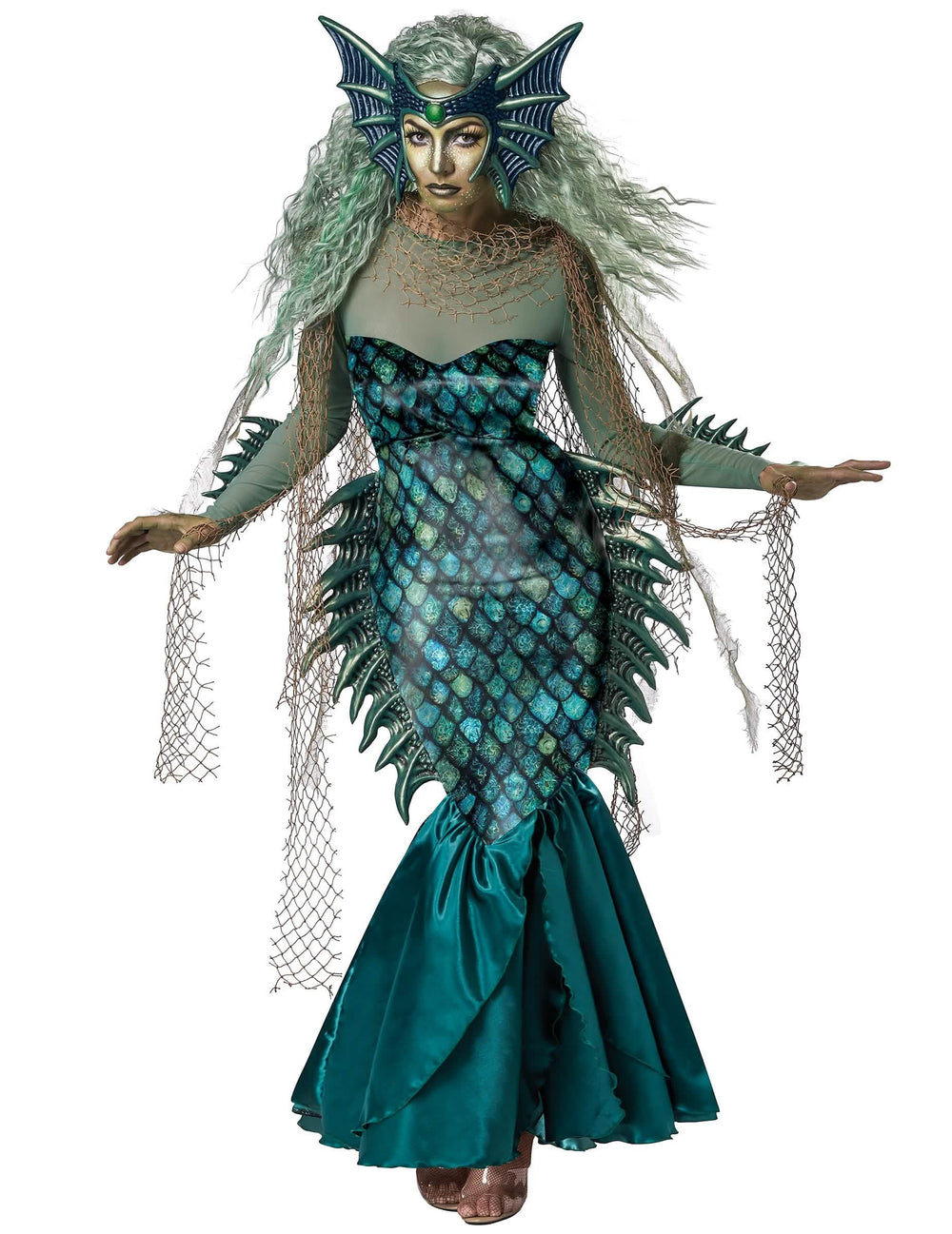 Disfraz de sirenas malvadas de lujo para mujer verde y azul turquesa con tocado y aletas