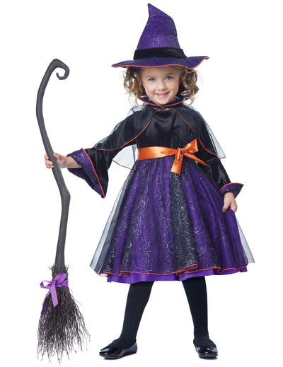 Déguisement de sorcière abracadabra luxe pour fille violet et noir avec chapeau et ceinture orange