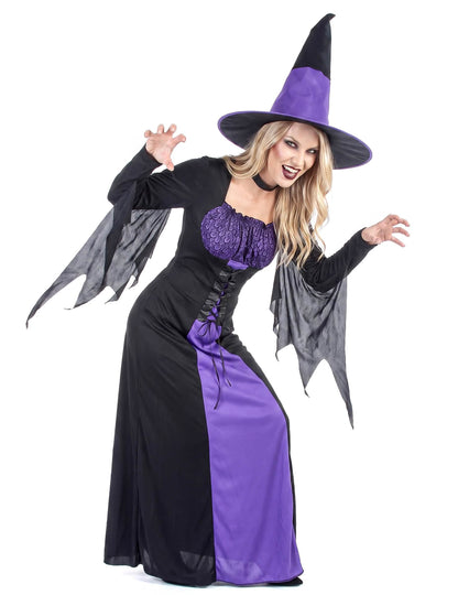 Disfraz de bruja largo para mujer morado y negro