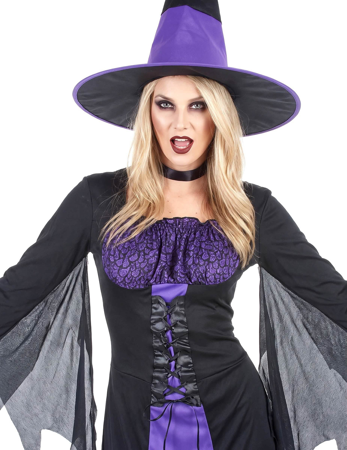 Disfraz de bruja largo para mujer morado y negro