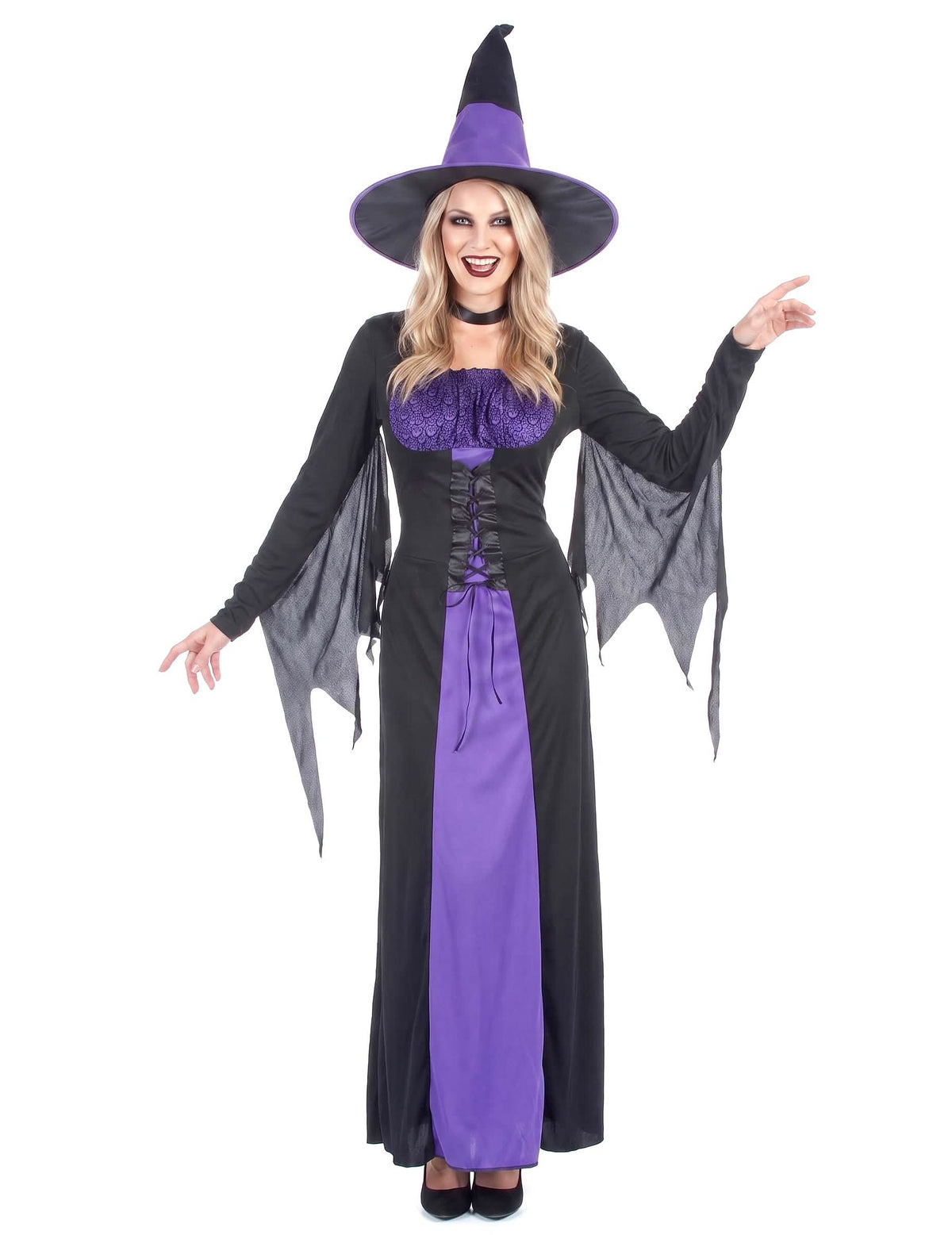 Disfraz de bruja largo para mujer morado y negro