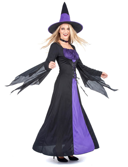 Disfraz de bruja largo para mujer morado y negro