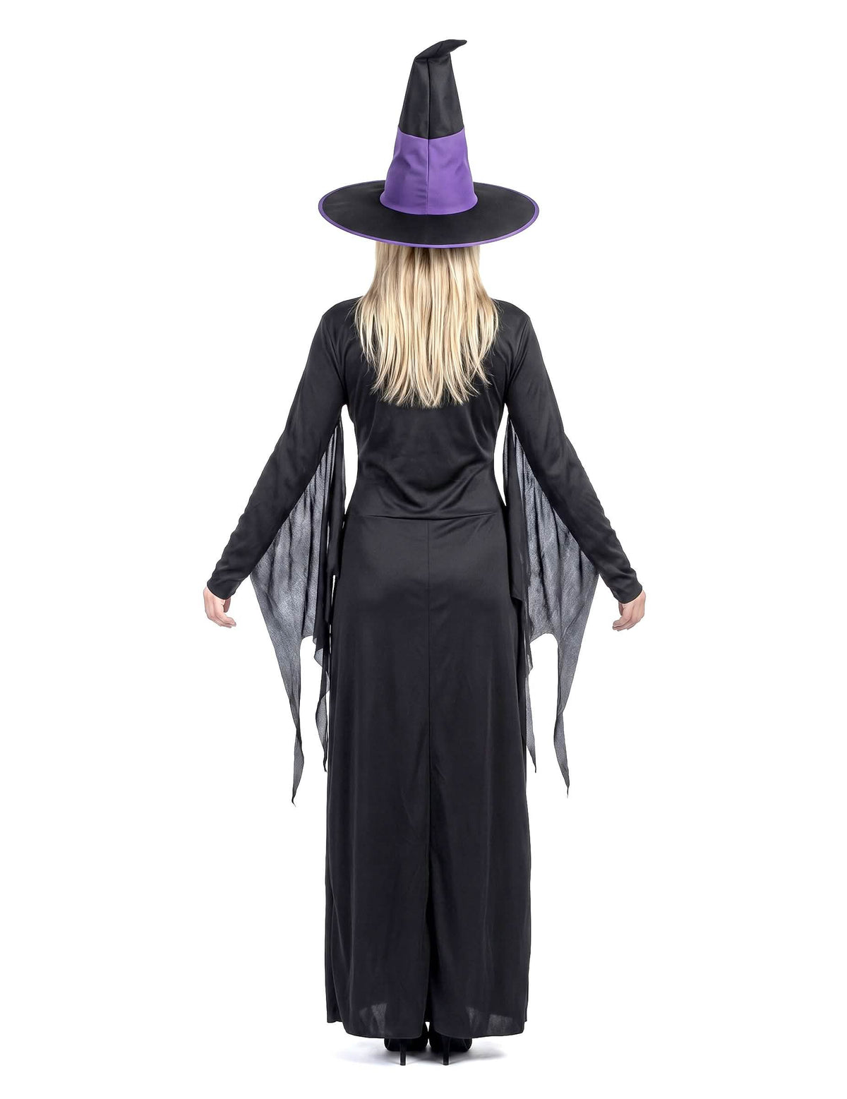 Disfraz de bruja largo para mujer morado y negro