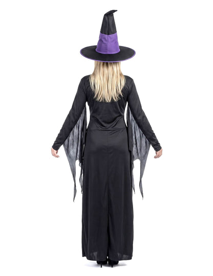 Disfraz de bruja largo para mujer morado y negro