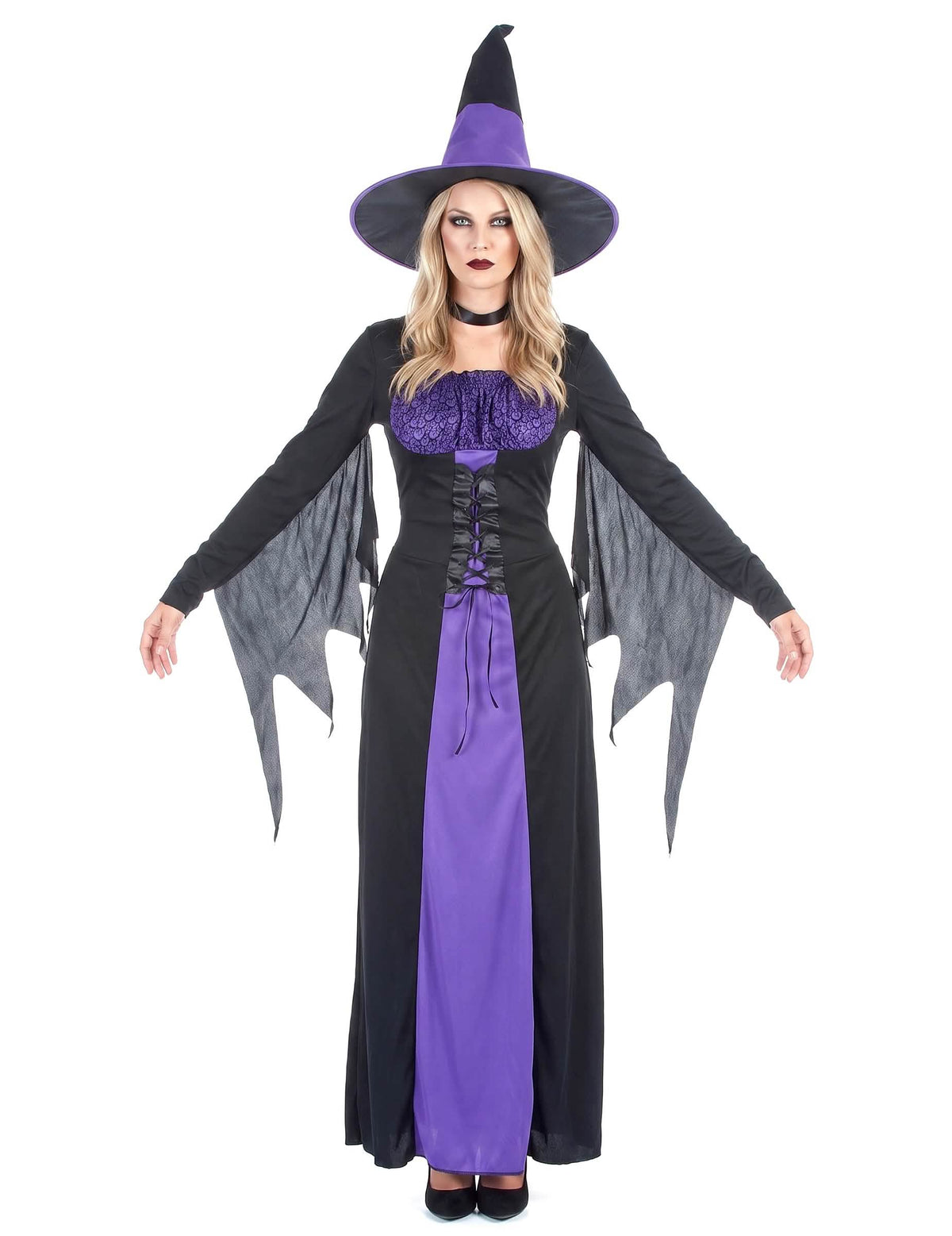 Disfraz de bruja largo para mujer morado y negro