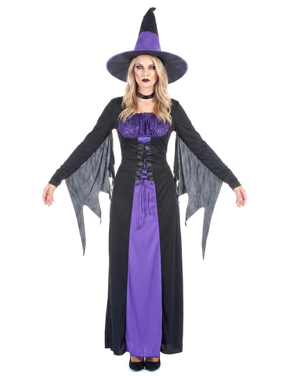 Disfraz de bruja largo para mujer morado y negro
