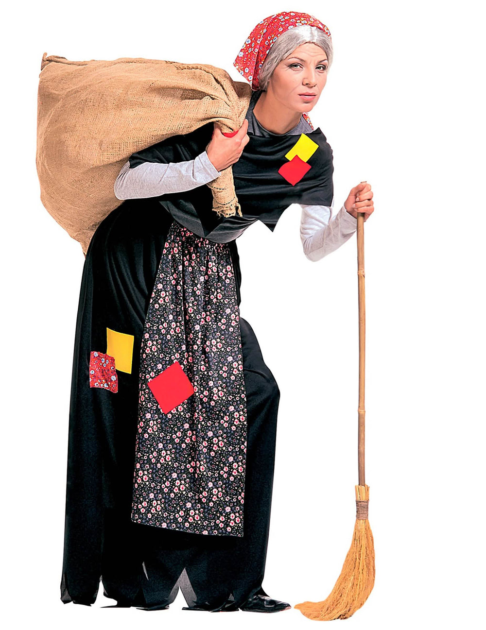 Disfraz de bruja befana para adulto negro y multicolor con pañuelo rojo y escoba