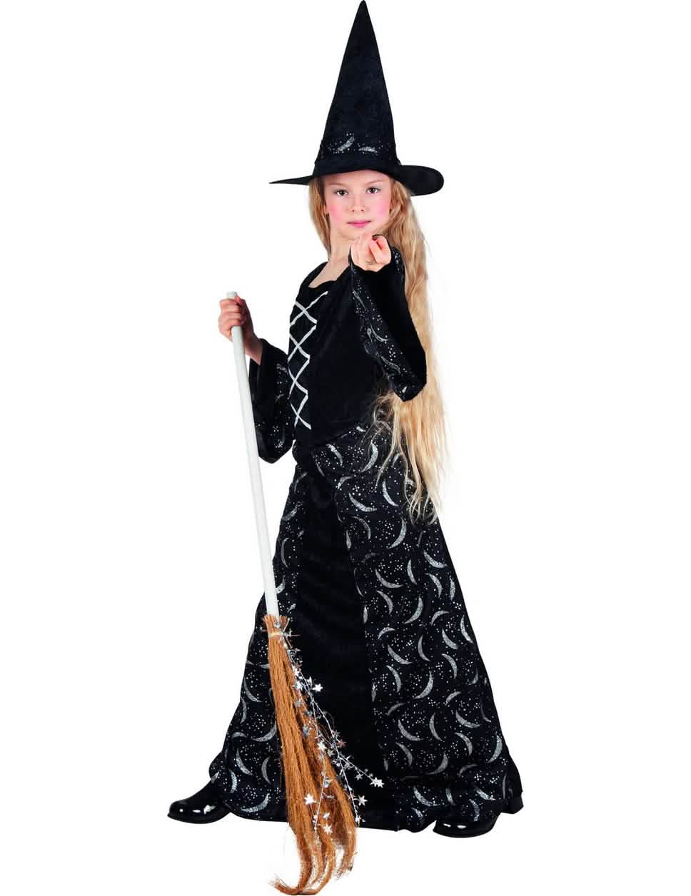 Disfraz de bruja media luna para niña negro y plateado con sombrero