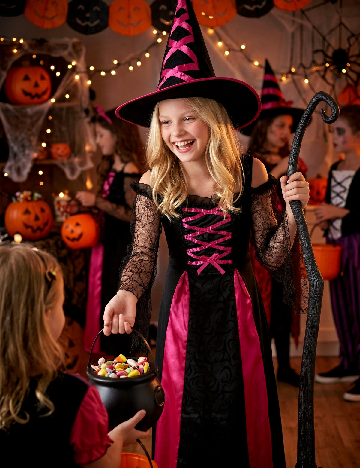 Mise en situation avec chaudron de bonbons du déguisement de sorcière dentelé Halloween