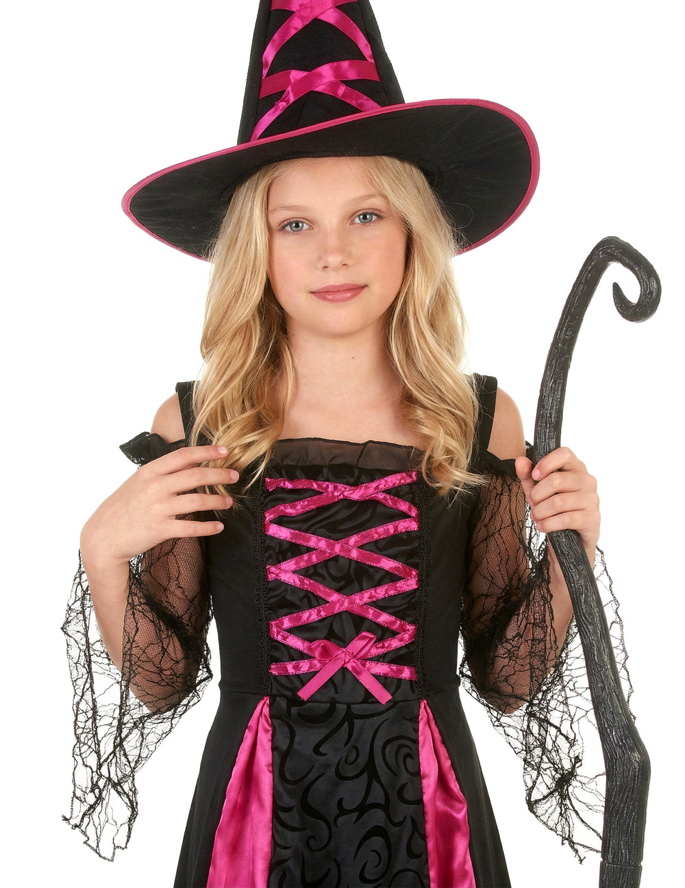 Gros plan sur le buste et le chapeau du déguisement de sorcière dentelé Halloween