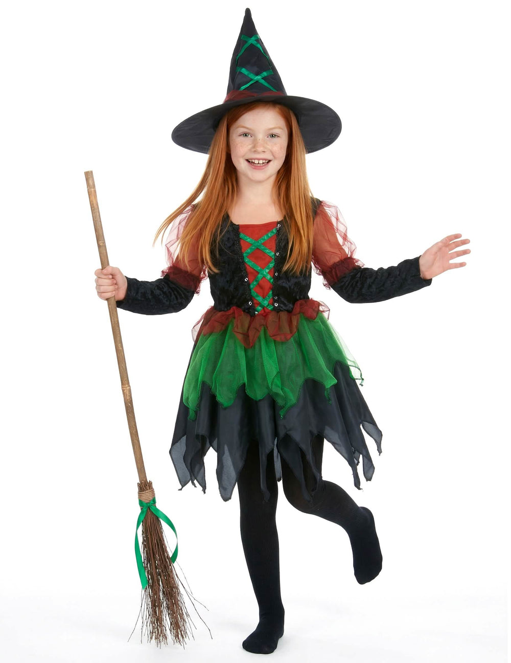 Disfraz de bruja del bosque para niña negro verde y rojo con sombrero