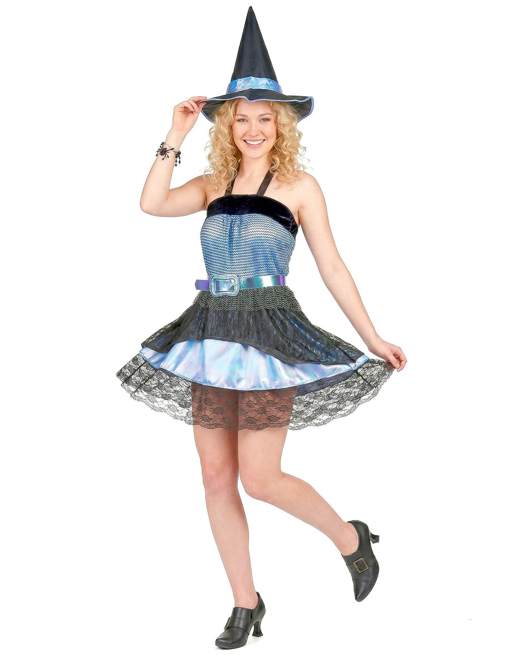 Vista frontal del disfraz de bruja de halloween para mujer