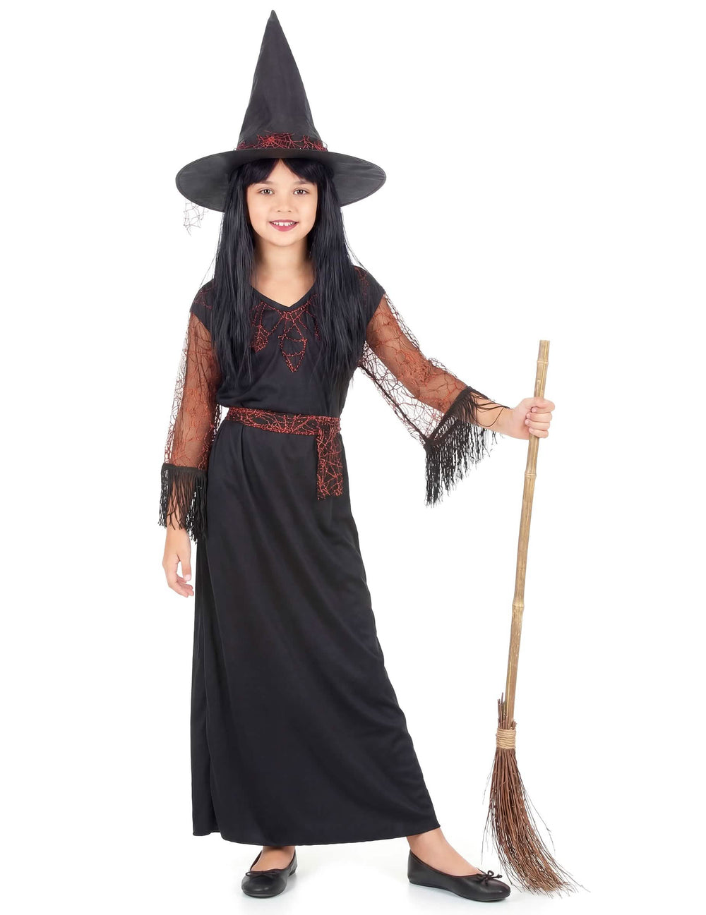Mise en situación con escoba del disfraz de bruja halloween para niña