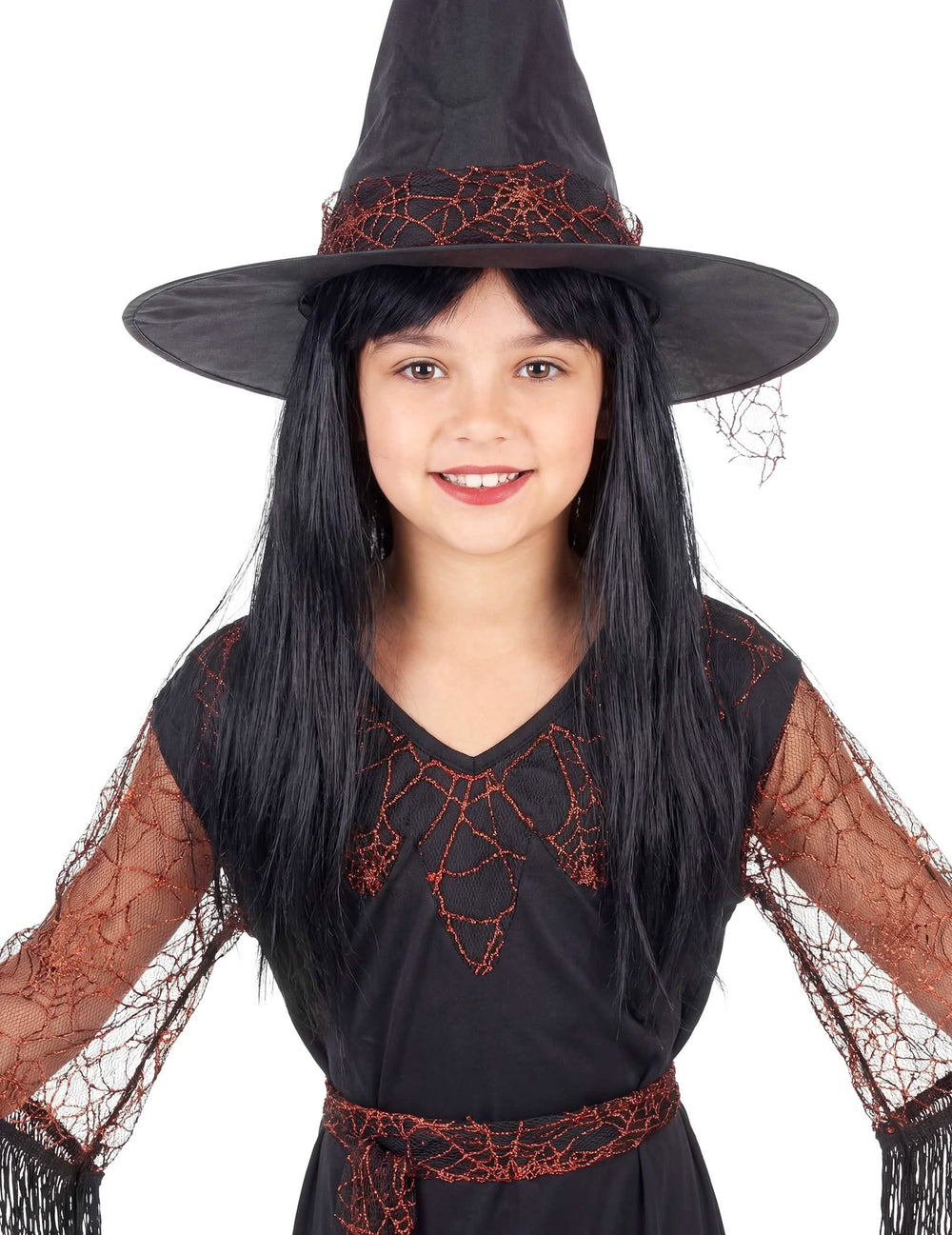 Primer plano del busto y el sombrero del disfraz de bruja halloween