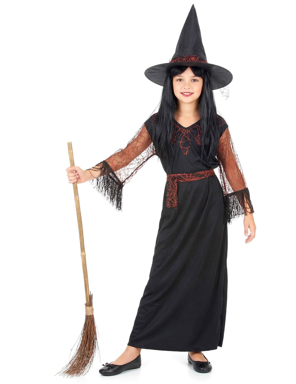 Disfraz de bruja de halloween para niña negro con telarañas naranja y sombrero puntiagudo