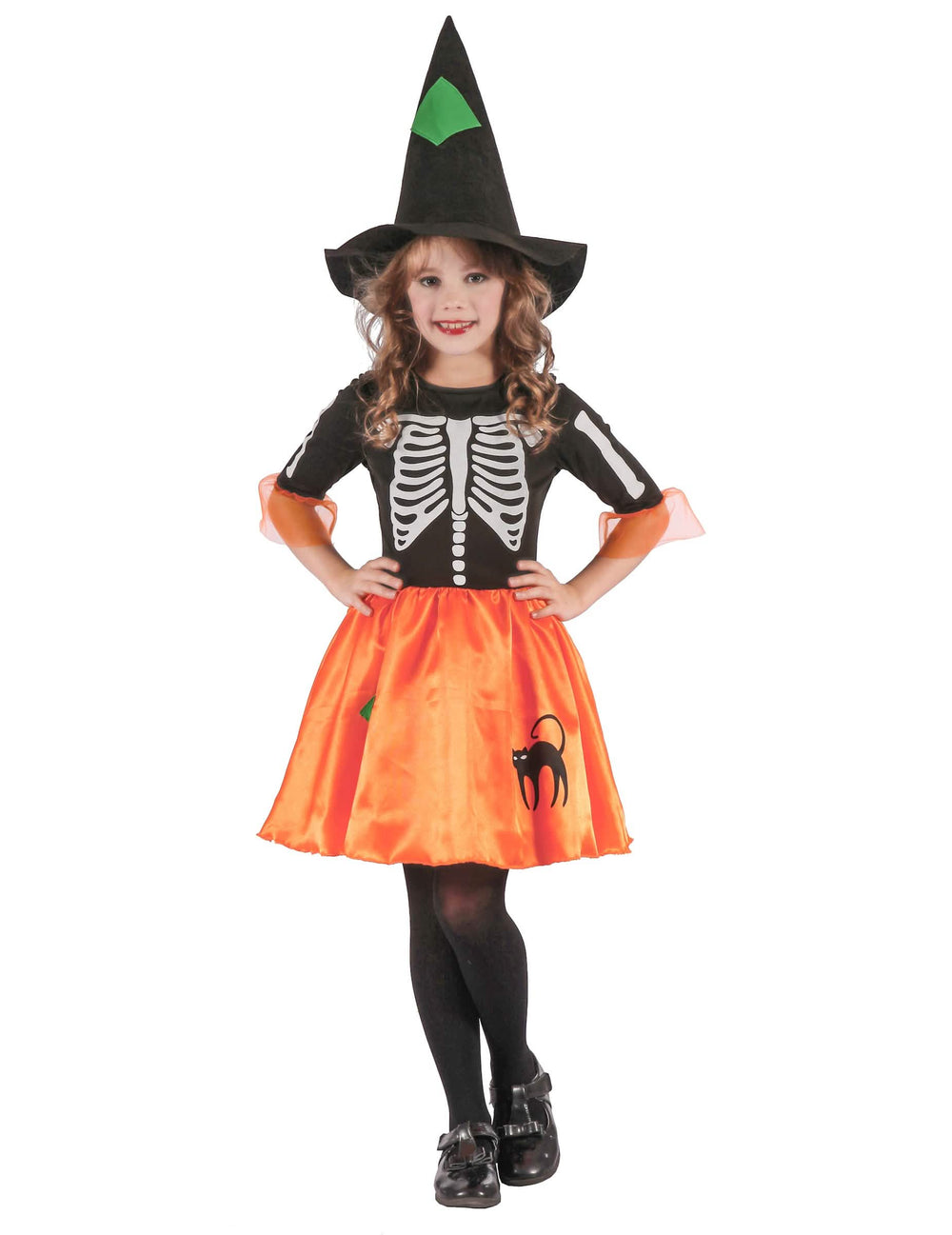 Disfraz de bruja esqueleto para niña negro y naranja con sombrero y motivo de gato