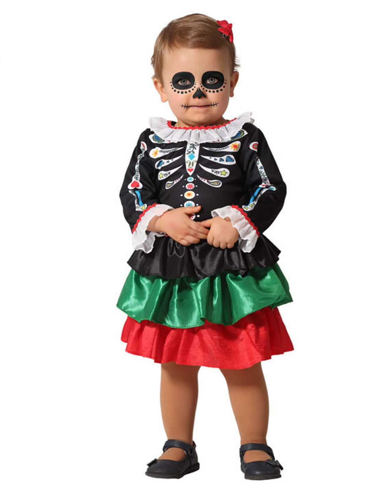 Disfraz de esqueleto día de los muertos para bebé niña negro con falda tricolor con volantes