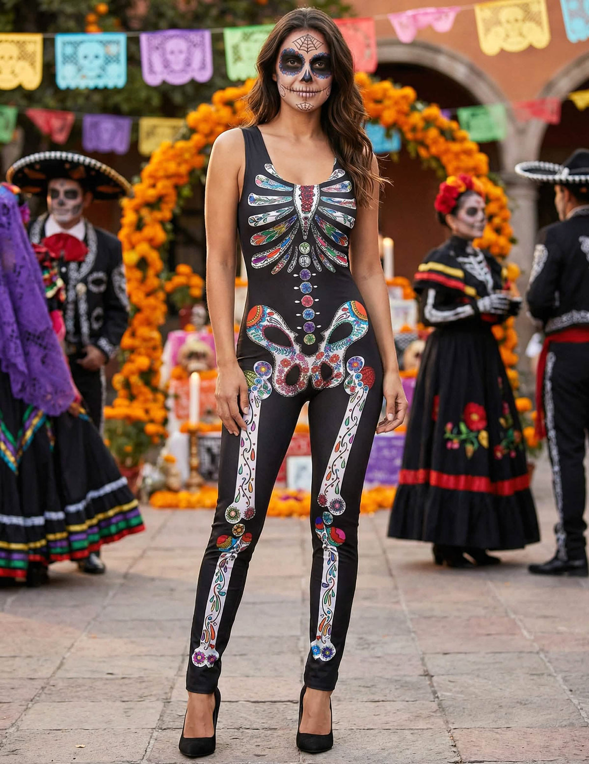 Puesta en situación del disfraz de esqueleto día de los muertos para mujer
