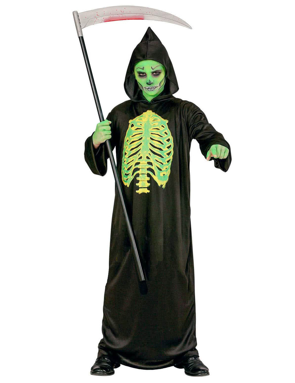 Disfraz de esqueleto eviscerado halloween para niño negro y verde fosforito